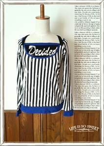 ANYONE ENVIES stripe piling put on manner cut and sewn M size long sleeve blue black lady's tops long T tops I