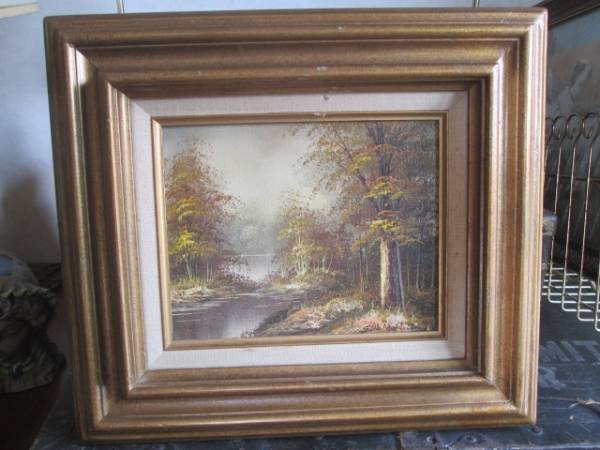 Antique painting, oil painting, American, forest and river, landscape painting, antique, vintage, 50's, 60's, 70's, New York, France, flea market, interior study, Painting, Oil painting, Nature, Landscape painting