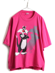 90s オールド ■ ワーナー シルベスター キャット プリント 半袖 Tシャツ ( メンズ レディース XL 程) ルーニー テューンズ キャラクター