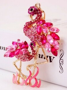  rhinestone key holder bird flamingo? key chain bag charm gold color pink 