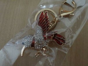  rhinestone key holder small bird key chain bag charm gold color red white 