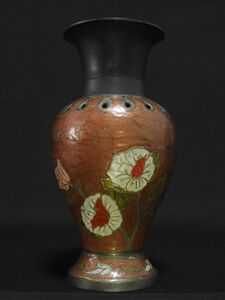 花器 七宝焼 壺 花柄図 透かし 真鍮製 壺 置物 飾