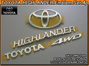 クルーガー前期ACU25/TOYOTA/トヨタHighlander純正USエンブレムセット-前後4点(2.4L直4-4WD)01-03y/USDM北米仕様USAハイランダーTマークAWD