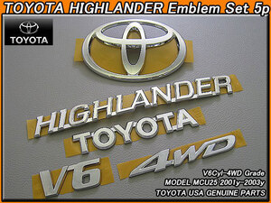 クルーガー前期MCU25/TOYOTA/トヨタHighlander純正USエンブレムセット-前後5点(3.0L.V6-4WD)01-03y/USDM北米仕様USAハイランダーTマークAWD