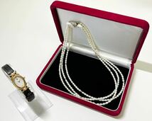 MIKIMOTO ミキモト クォーツ腕時計 パールシェル レディースウォッチ パールネックレス レディースアクセサリー アンティーク 2点セット_画像1