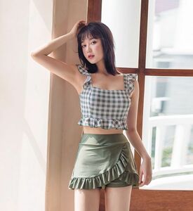 [ Itioshi carefuly selected commodity ] lady's swimsuit separate shoulder strap check pattern frill resort summer G015