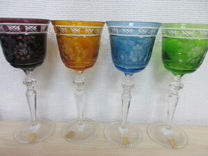 【昭和レトロ】ワイングラス　花柄　4色セット　カラフル　ガラス　#24175