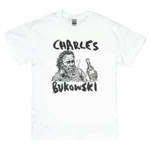 [Mサイズ]Charles Bukowski（チャールズ・ブコウスキー） カルト作家 カトゥーン デザインTシャツ 白