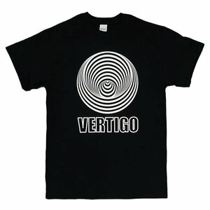 [XLサイズ]Vertigo（ヴァーティゴ）Records レーベル Swirl 渦巻き うずまき ロゴ ロックTシャツ 黒