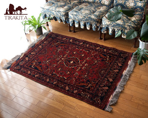 送料無料 アンティーク ラグ マット 絨毯 ザンスカール遊牧民の手織りのアンティック絨毯(約148cm x 約106cm)