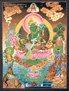 Art hand Auction Livraison gratuite peinture bouddhiste Tara Thangka verte [unique en son genre] Thangka 61.5x46cm Mandala tibétain Mandala peint à la main, ouvrages d'art, peinture, autres