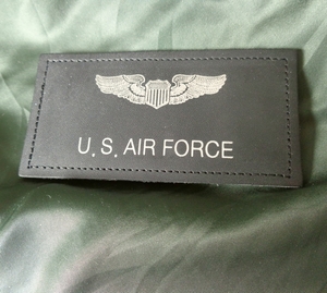 米軍US.AIR FORCE空軍 レザーネームパッチ 黒革製 銀文字 ベルクロ付き フライトジャケット用 7878A