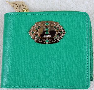 S◆中古品◆二つ折り財布 『ANNA SUI/アナスイ』 カラー:グリーン/緑 カード入れ×5 札入れ×1 小銭入れ×1 ロゴ入り ※箱付き