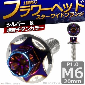 M6×20mm P1.0 フラワーヘッド スターワイドフランジ 六角ボルト ステンレス 車/バイク シルバー＆焼きチタンカラー 1個 TB0998