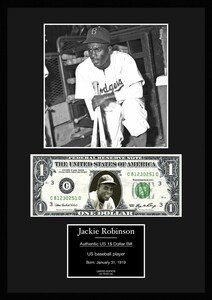 MLB!メジャーリーグ/プロ野球選手!【ジャッキー・ロビンソン/Jackie Robinson】写真本物USA1ドル札フレーム証明書付/モノクロ/8