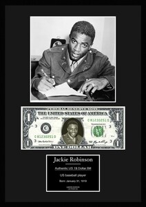 MLB!メジャーリーグ/プロ野球選手!【ジャッキー・ロビンソン/Jackie Robinson】写真本物USA1ドル札フレーム証明書付/モノクロ/1