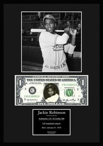 MLB!メジャーリーグ/プロ野球選手!【ジャッキー・ロビンソン/Jackie Robinson】写真本物USA1ドル札フレーム証明書付/モノクロ/6