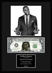 人気バスケットボール選手/NBA/レイカーズ/Lakers【レブロン ジェームズ/LeBron James】写真本物USA1ドル札フレーム証明書付/モノクロ/7
