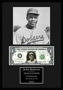 MLB!メジャーリーグ/プロ野球選手!【ジャッキー・ロビンソン/Jackie Robinson】写真本物USA1ドル札フレーム証明書付/モノクロ/10