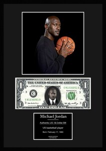 バスケの神様!バスケットボール選手/NBA【マイケル・ジョーダン/Michael Jordan】写真本物USA1ドル札フレーム証明書付/カラー/4