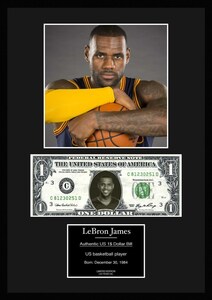 人気バスケットボール選手/NBA/レイカーズ/Lakers【レブロン ジェームズ/LeBron James】写真本物USA1ドル札フレーム証明書付/カラー/２