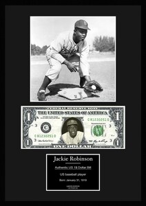 MLB!メジャーリーグ/プロ野球選手!【ジャッキー・ロビンソン/Jackie Robinson】写真本物USA1ドル札フレーム証明書付/モノクロ/3