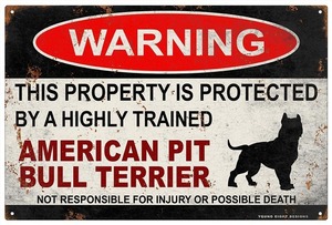 雑貨【Pit Bull Terrier/ピット・ブル・テリア】WARNING/Dog/ドッグ/犬/警告/ヤードサイン/メタルプレート/ブリキ看板/サビ風-129