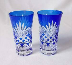 江戸切子 ペアグラス/タンブラー ブルー/瑠璃 伝統工芸 中古2個セット