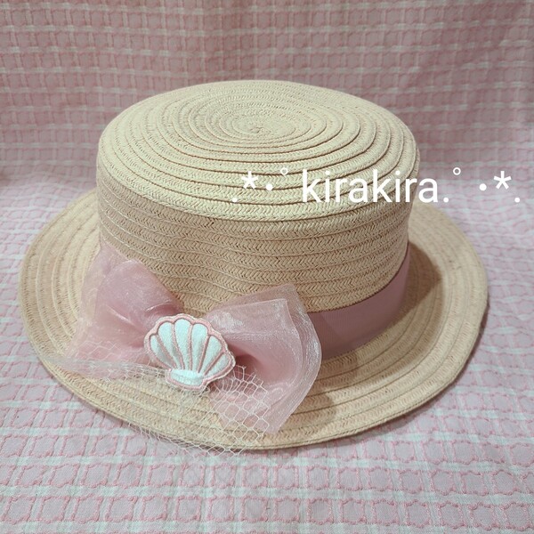 ◆SWIMMER シエル刺繍カンカン帽 ピンク 麦わら帽子 スイマー ガーリー系 ゆめかわいい♪