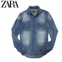 ザラ マン ZARA MEN メンズ スリムフィット ペンキ加工 デニムシャツ 長袖_画像1