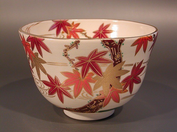 九谷焼【陶峰】造 茶碗 菖蒲 藤の画 抹茶茶碗 色絵 金彩 茶道具 共箱