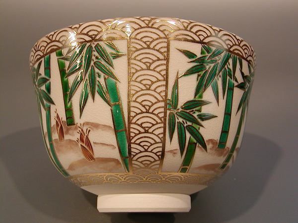 茶道具 抹茶茶碗 色絵 竹林雀画、 京都 相模竜泉作 桐共箱□新品□-