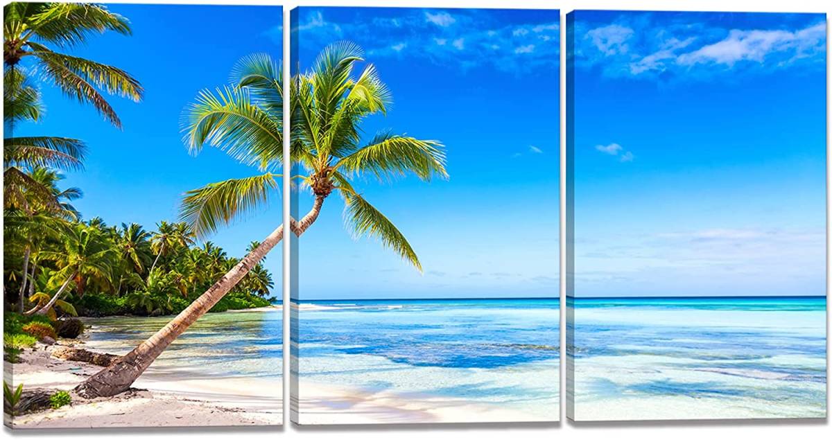 3枚セット 新品 アートパネル アートポスター 海 海岸 波 砂浜 ビーチ ヤシの木 キャンバス画 現代アート 絵 壁掛け インテリア 絵画, 美術品, 絵画, その他