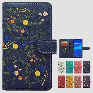 送料無料★iPhone SE iPhone7 iPhone8 ケース カバー ボタニカル 花 刺繍 手帳 手帳型 iPhone8ケース (ネイビー)