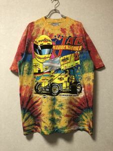 総柄☆90s USA製 ビンテージ レーシング タイダイ 両面 XL Tシャツ インディ デイトナ US古着 モータースポーツ 80s 90年代 RACING