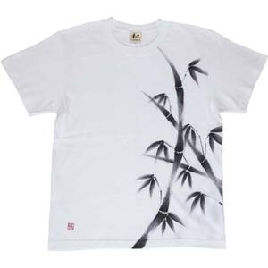 Art hand Auction T-shirt homme taille M motif bambou blanc T-shirt blanc fait main peint à la main motif japonais fête des pères, Taille M, col rond, Une illustration, personnage