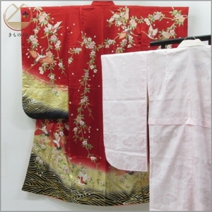 * kimono 10* 1 jpy silk child kimono Junior for for girl gold piece embroidery . crane branch shide . Sakura ratio wing attaching underskirt set . length 136cm.55.5cm [ including in a package possible ] ****