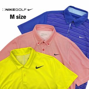 美品 豪華3点セット NIKE GOLF ナイキ ゴルフ / ドライ ストレッチ 半袖 ポロシャツ / M メンズ / 青 黄 ピンク ゴルフウェア ボタンダウン