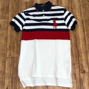 POLO RALPH LAUREN ラルフローレン 半袖ポロシャツ　ボーダー柄　ホワイト&ネイビーレッド　Sサイズ　カスタムフィット