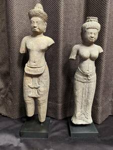 クメール王朝（9~15c カンボジア)　男女神(ヒンドゥー教)石像　一対　アンコール遺跡　デバダー女神像　東洋のモナリザ