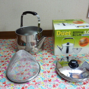 送料込 未使用 大容量 広口ケトル 茶こし付 5L ステンレス やかん