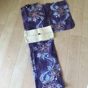 【浴衣出品再開しました】【未使用品】絞り浴衣　花柄　水玉模様　紫色