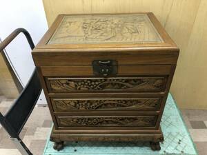  antique chest cabinet Asia furniture drawer with legs tree carving 