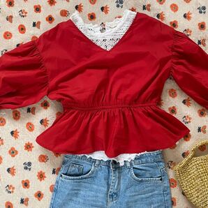 お洒落 シャツブラウス 赤 トップス