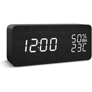 大音量 デジタル 木製 置き時計 温度湿度計 木目調デジタル 目覚まし時計 大きなLED数字表示 アラーム 多機能 カレンダー付き