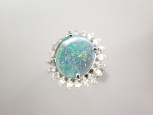  beautiful goods Pt900 black opal 1.76ct diamond total 0.35 ring ring 