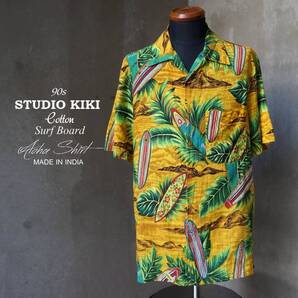 90s ヴィンテージ STUDIO KIKI サーフボード モンステラ コットン アロハ 開襟 半袖 ハワイアンシャツ M L相当