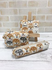 ポーチ ペンケース ティッシュケース 3点セット ハンドメイド ラミネート生地 犬柄 柴犬柄 ほぼ柴時々ビションフリーゼ柄