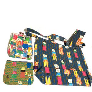 美品 mannine生地 ハンドメイド トートバッグ ポーチ がま口 猫