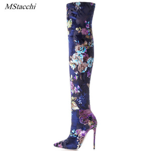  most new work model blue base flower total pattern over knee boots 12cm super high heel abroad brand Rxemzg elegant adult design 